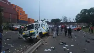 Damaged cash-in-transit vehicle after a reported robbery near Umlazi Mega City in Durban
