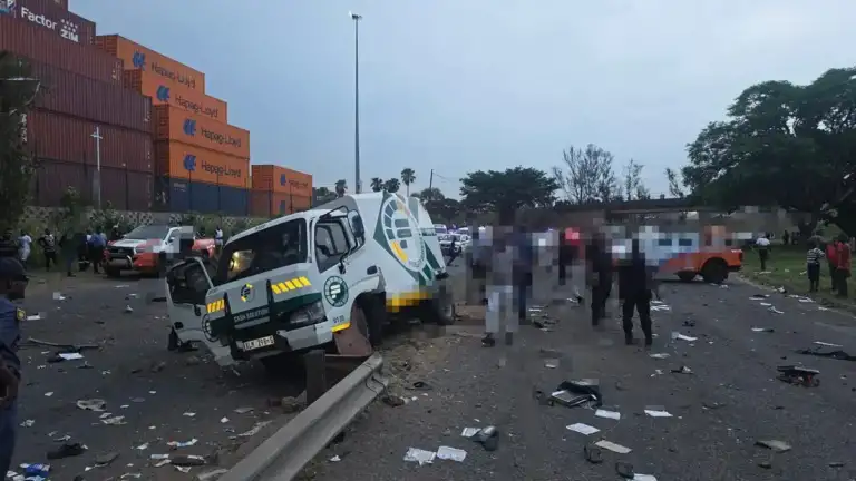 Damaged cash-in-transit vehicle after a reported robbery near Umlazi Mega City in Durban